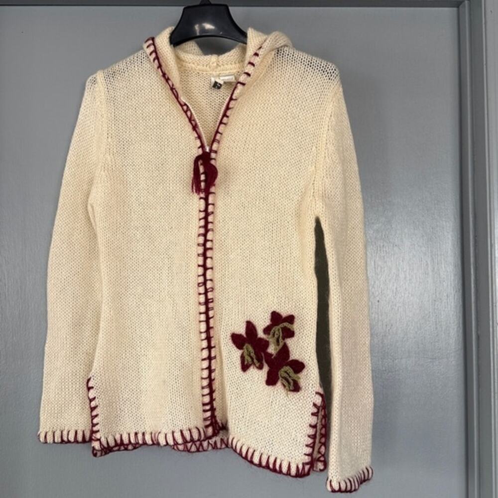 Twiggy Mohair Blend Cream Cardigan Zip Hoodie Sweater Floral Applique sz L